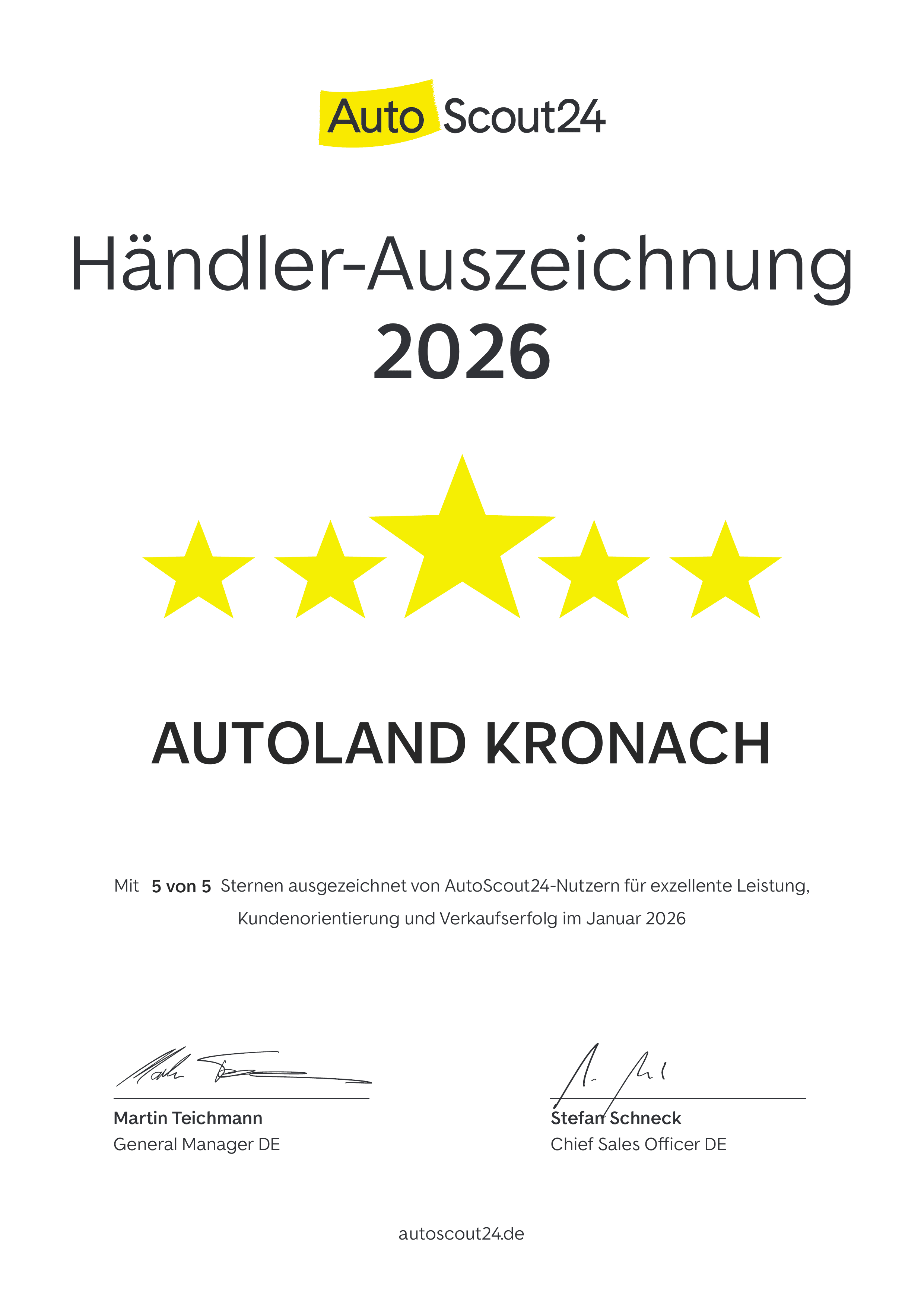 AutoScout24 Händler-Auszeichnung 2026 - 5 von 5 Sternen